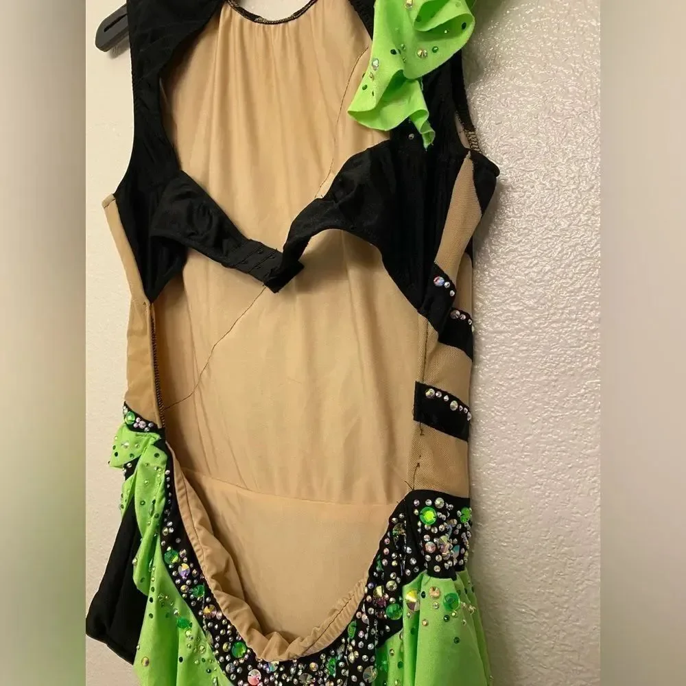 Glamour Dance Costume Lime Green Black Rhythmic Gymnastics jazz sassy neon LA